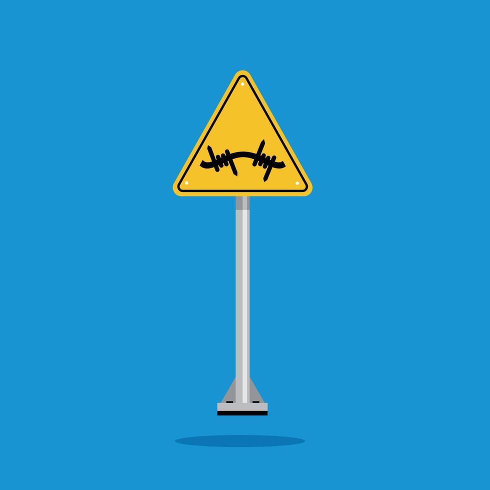 barbed wire warning sign on yellow triangle board. Suitable for posters and web icons vector