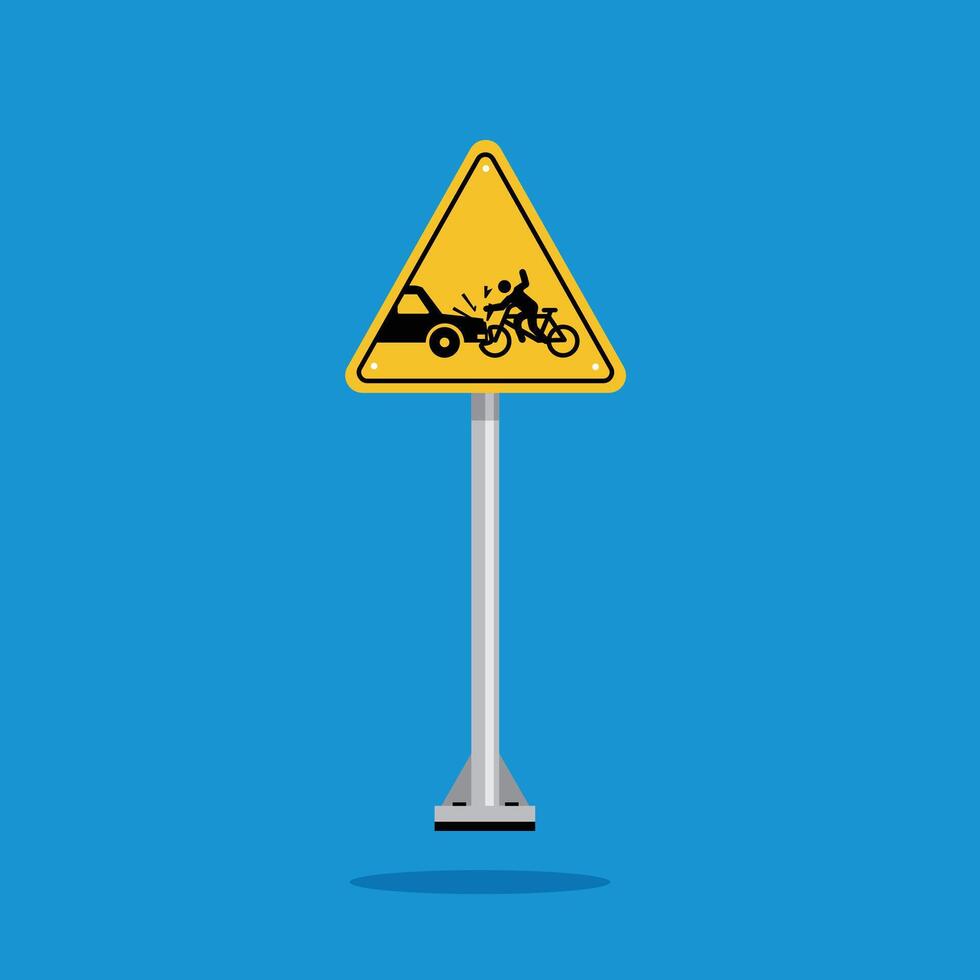 Warning sign of car accident hitting bicycle on yellow triangle board. Suitable for poster and web icon vector