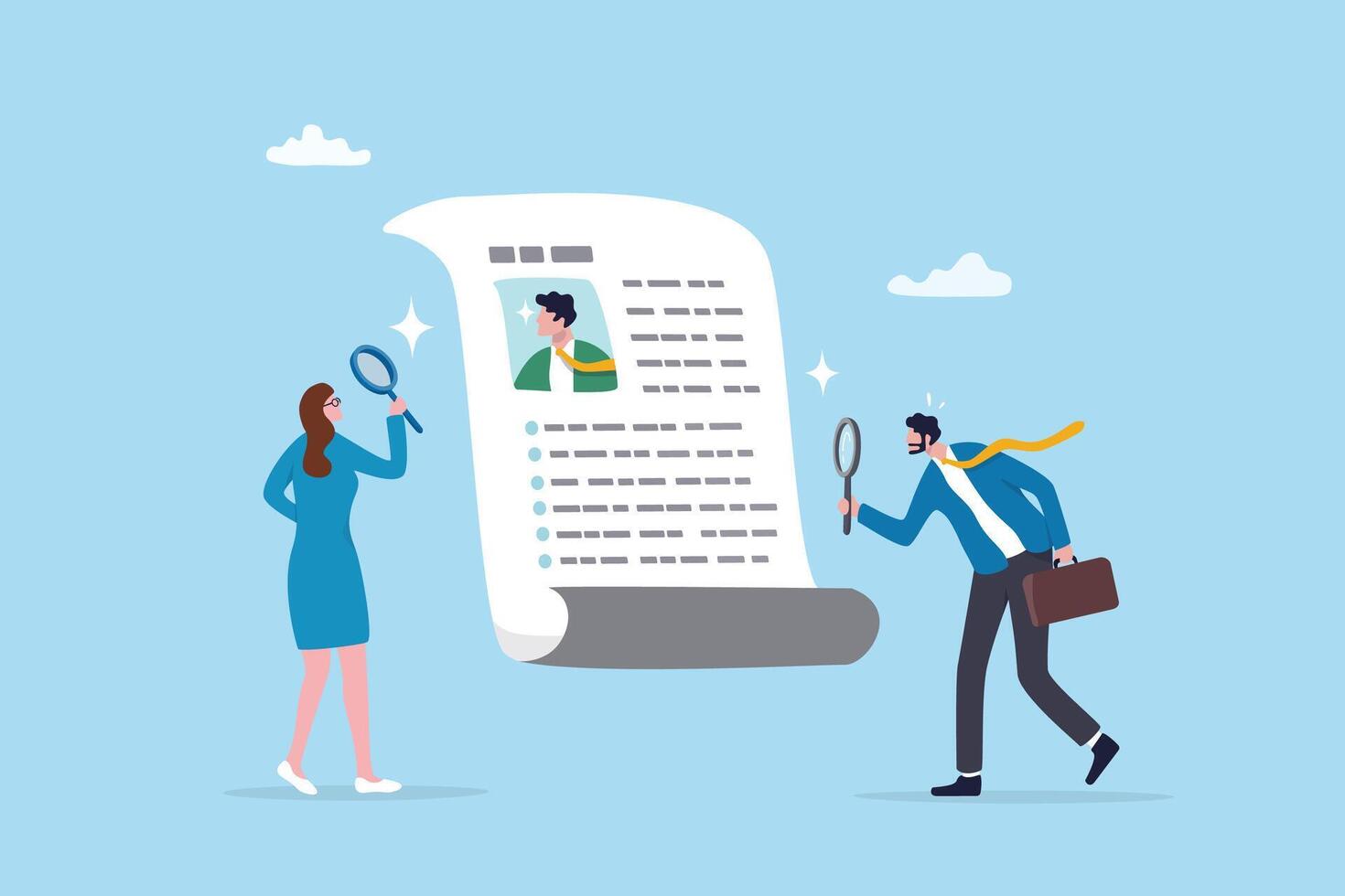 Recruitment, review candidate resume, talent seeker or HR human resource examine applicant, employee or job description, employment or job vacancy concept, business people review candidate resume. vector