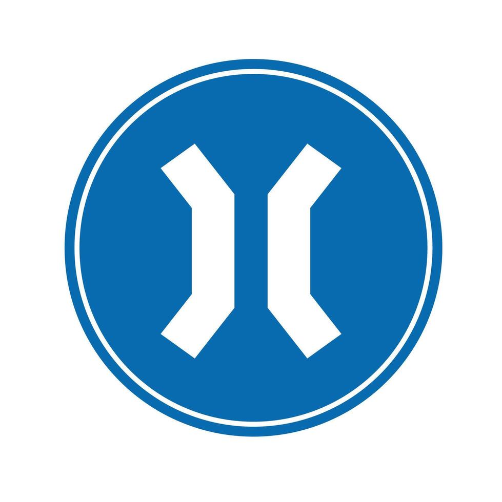 road sign icon, warning for a narrowing on blue round board.suitable for poster use and web icon vector