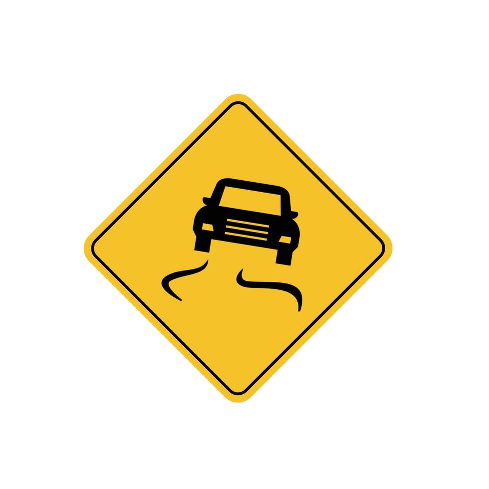 road sign icon, slipery road surface ahead on yellow rhombus. board.suitable for poster use and web icon vector