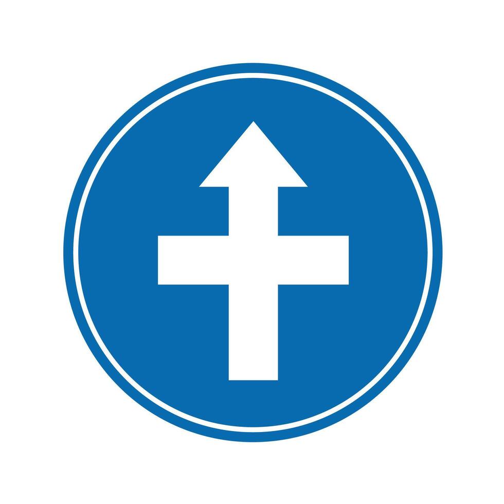 road sign icon, crossroad ahead, side roads to right and left onblue round board.suitable for poster use and web icon vector