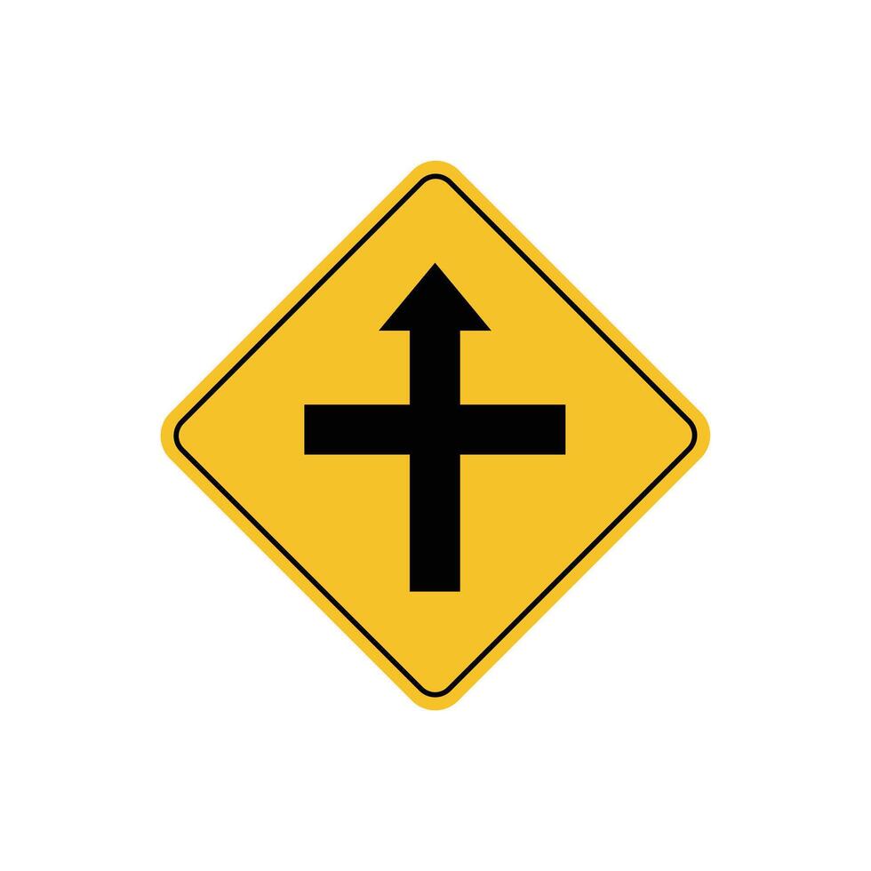 road sign icon, crossroad ahead, side roads to right and left on yellow rhombus. board.suitable for poster use and web icon vector