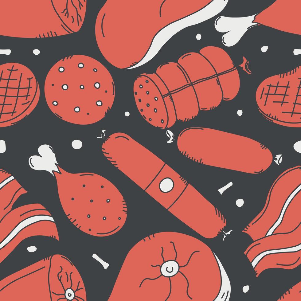 Seamless meat pattern. Doodle meat background. illustration with meat products icons vector