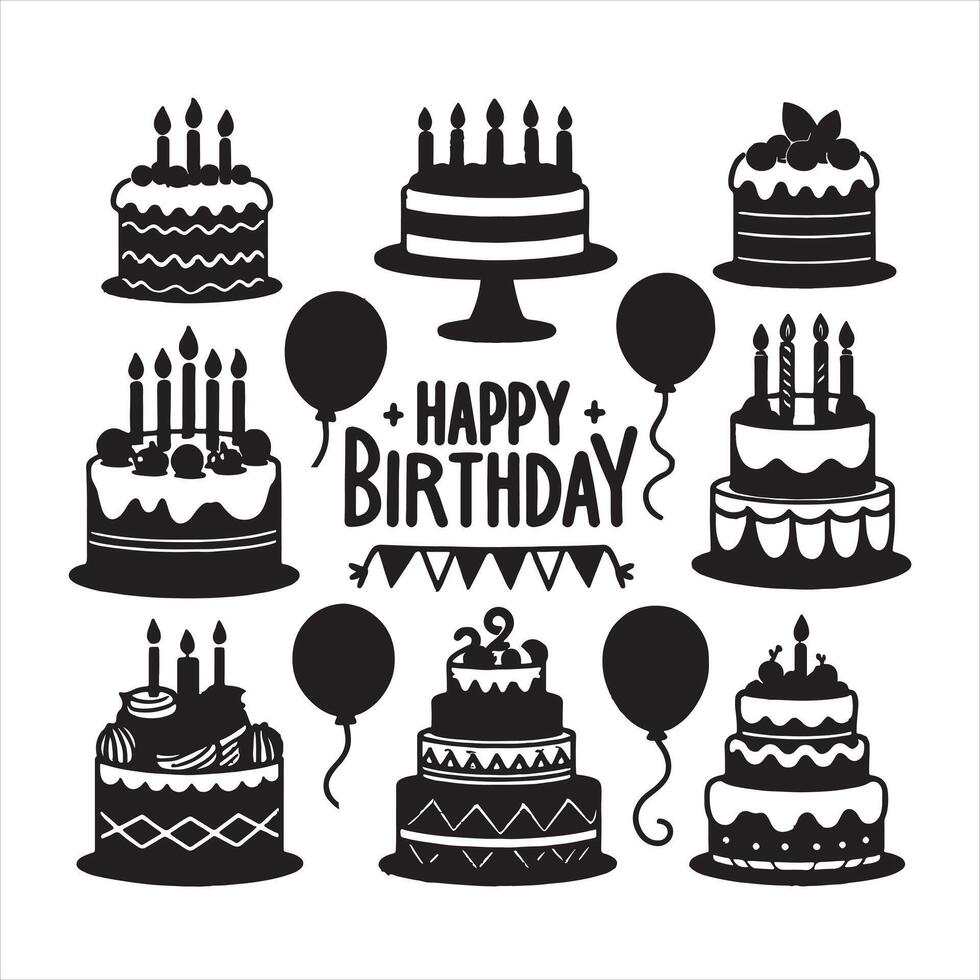set of happy birthday cake silhouette white background vector