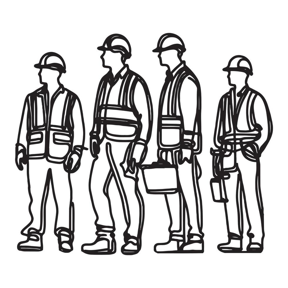 Continuous Line Drawing Construction Workers in Safety Gear for Occupational Safety Concept silhouette on white background vector