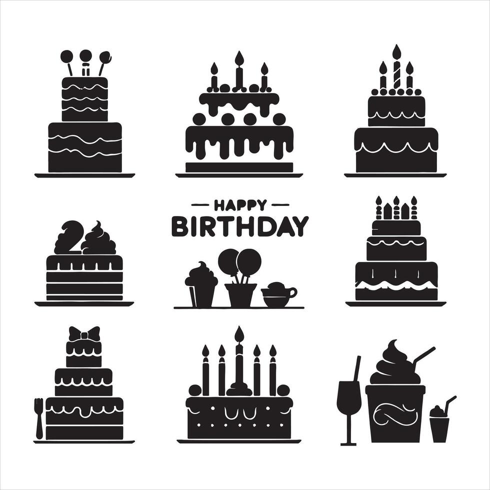 set of happy birthday cake silhouette vector