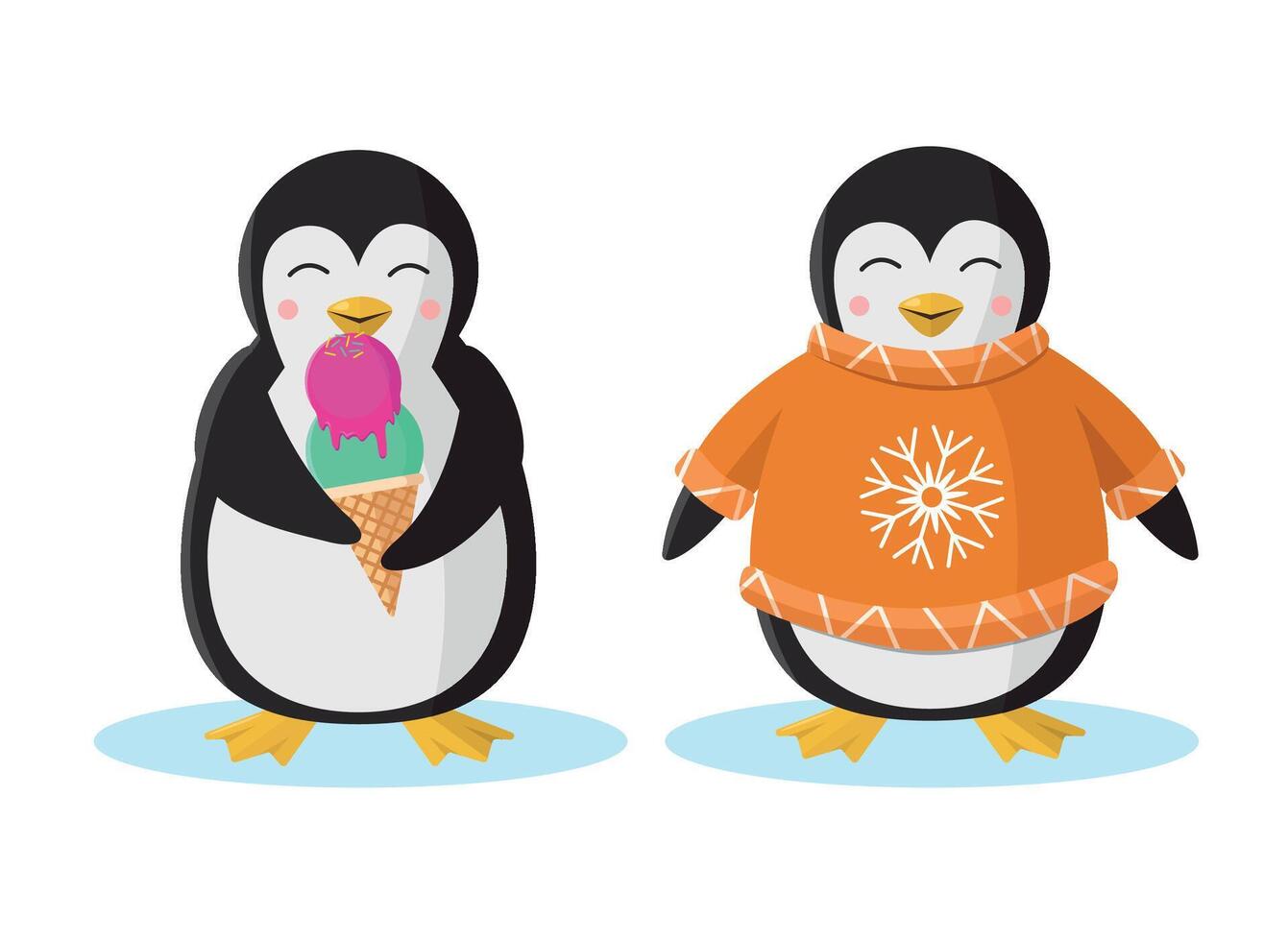 Penguin with ice cream and penguin in a winter sweater. vector