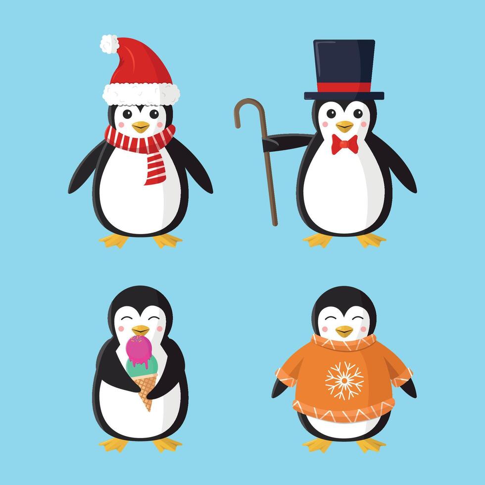 Set of penguin icons on blue background. vector