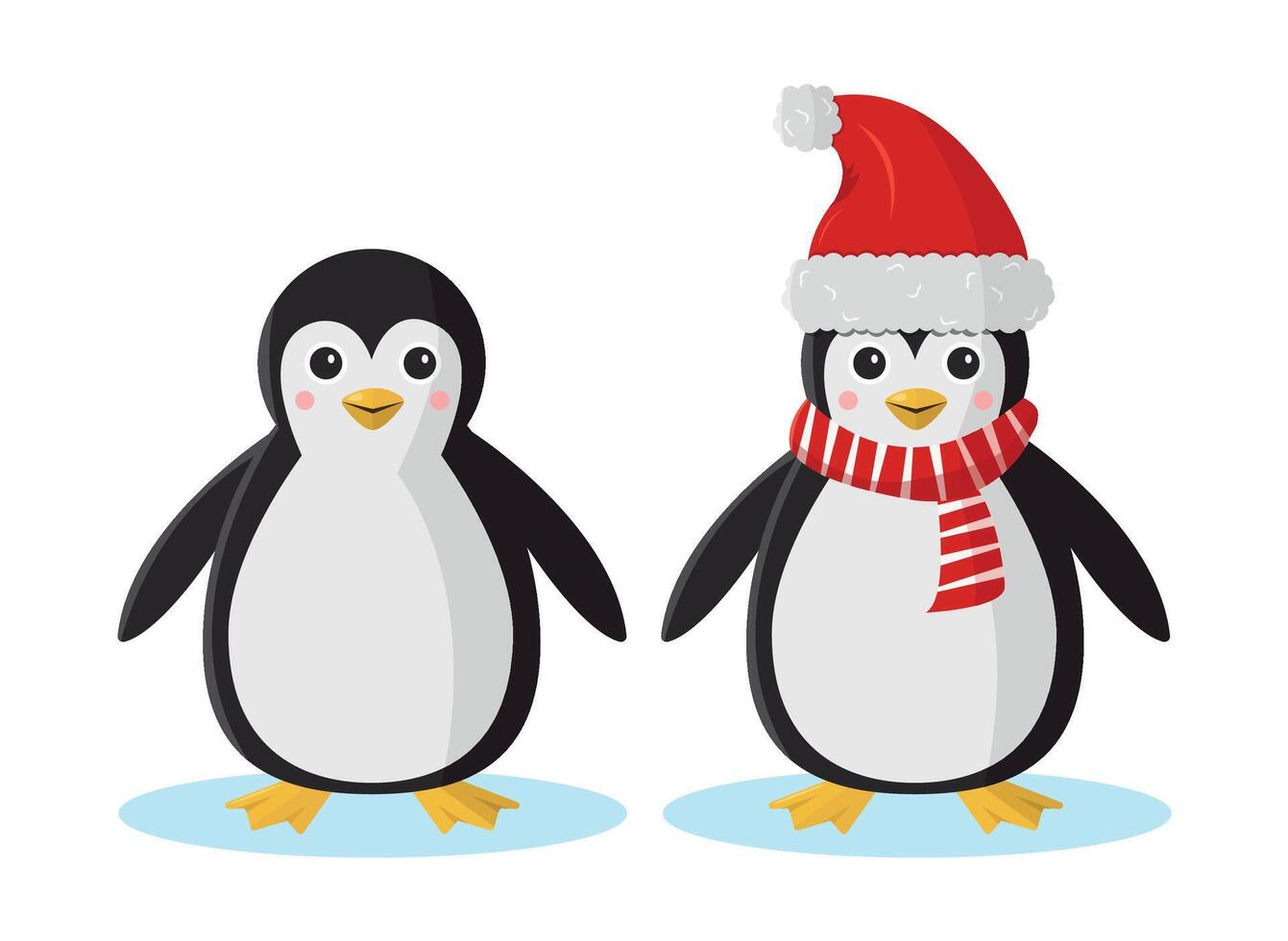 Two penguins on a white background. Penguin in a Christmas hat and scarf. vector