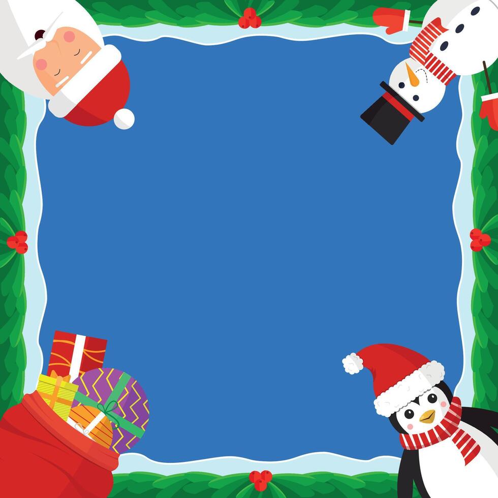Christmas frame with Santa, penguin, snowman and gift bag. vector