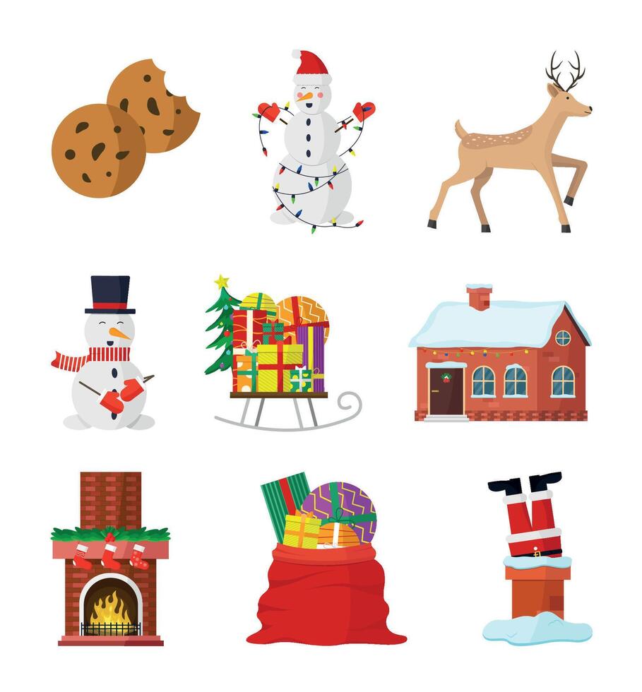 Christmas and New Year icons set. Cookies, snowmen, reindeer, presents, fireplace, house and Santa in the chimney. vector