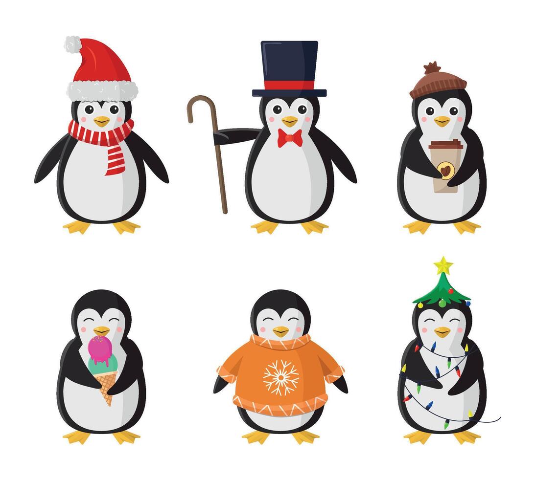 Penguin icon set. Collection of penguins in clothes or with objects. vector
