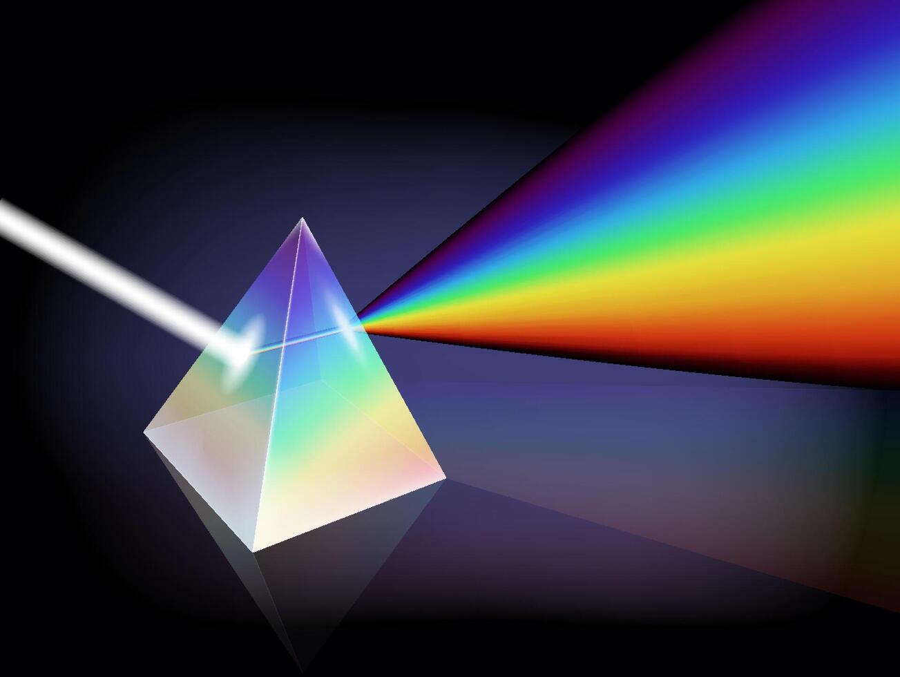 Illustration of White Light Splitting into Spectrum via Glass Prism on Black Background vector