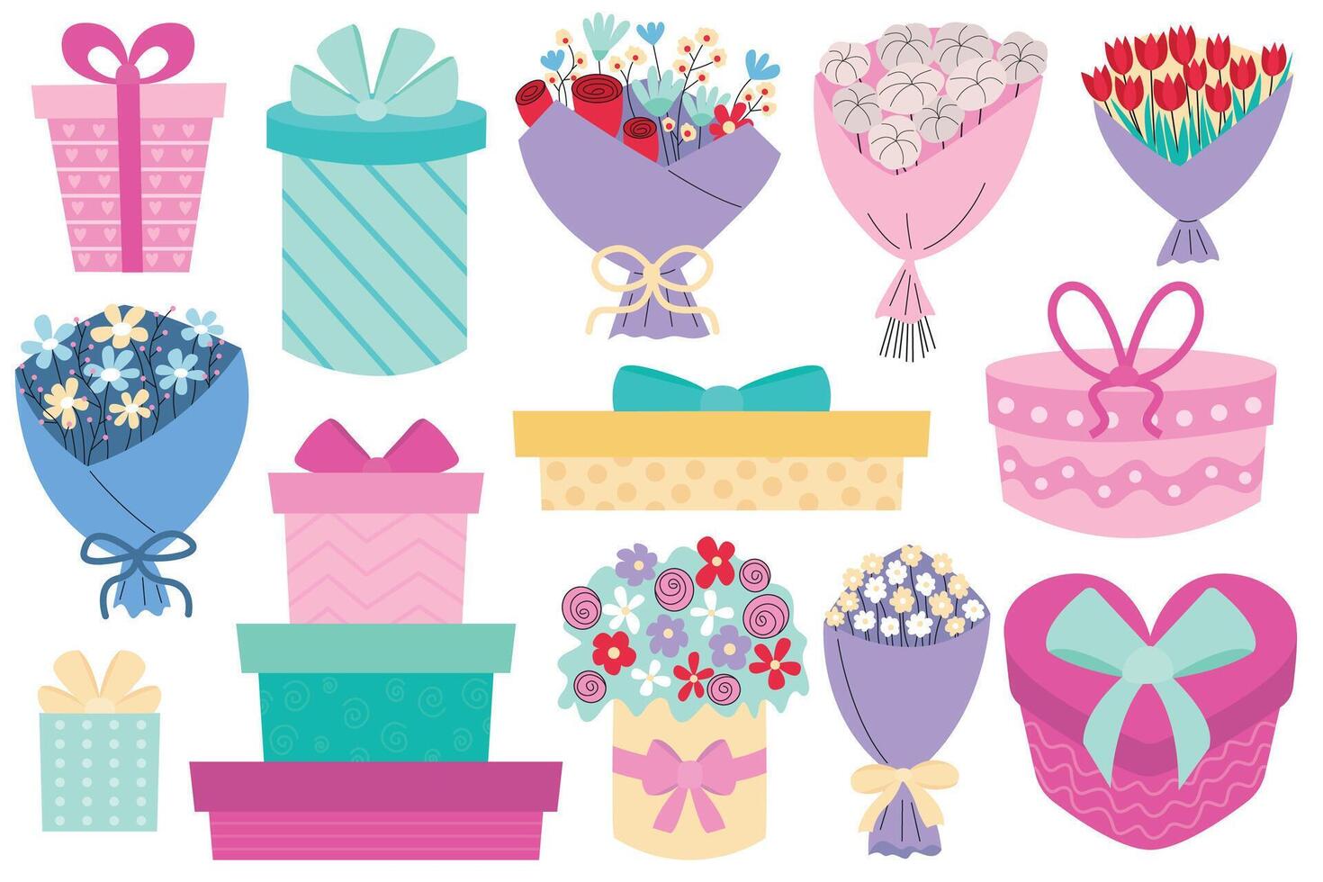 Set of floral bouquets and gift boxes. birthday and party presents set vector