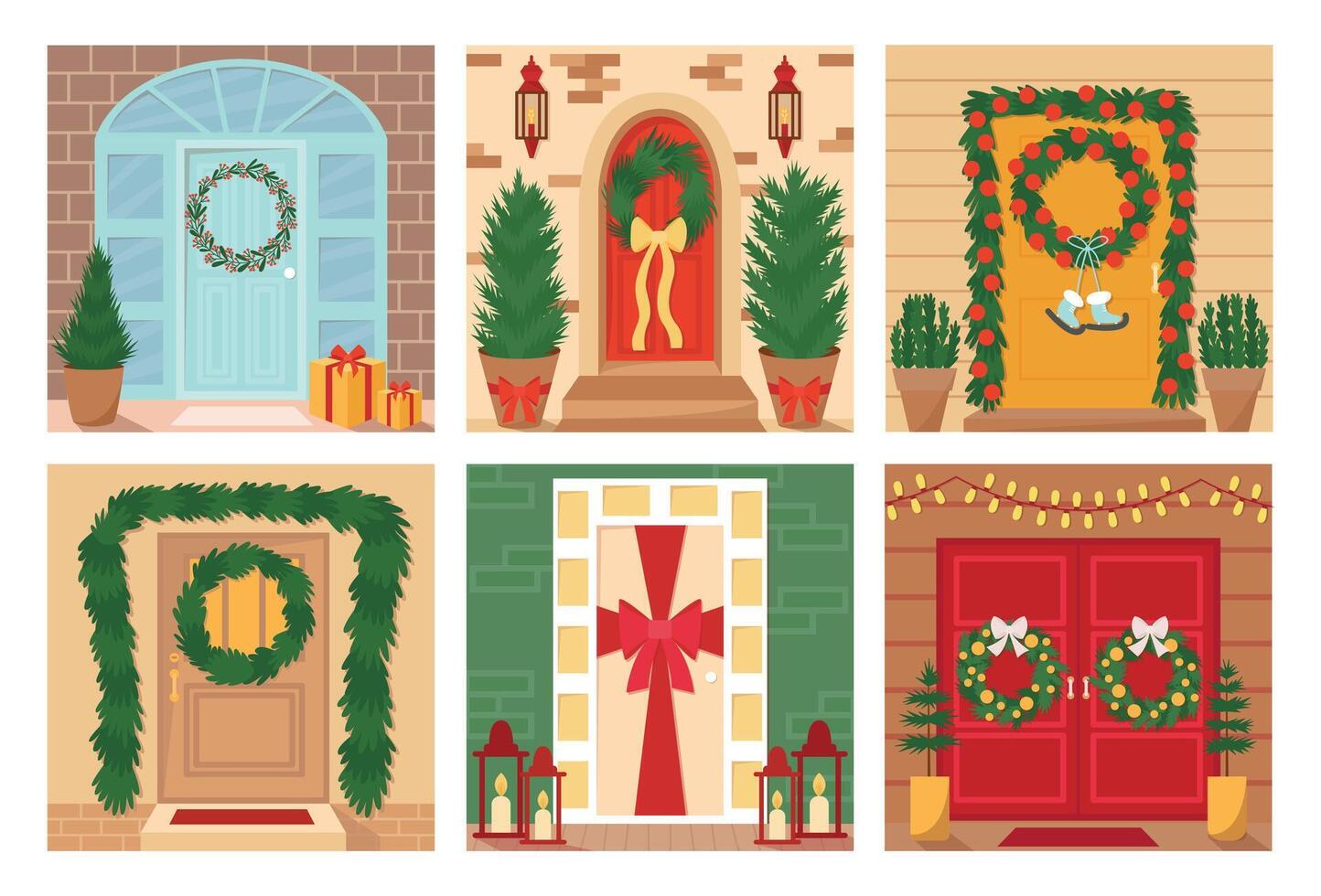 Front doors with Christmas decor flat greeting cards set. Christmas facade with wreath and fir tree decoration set vector