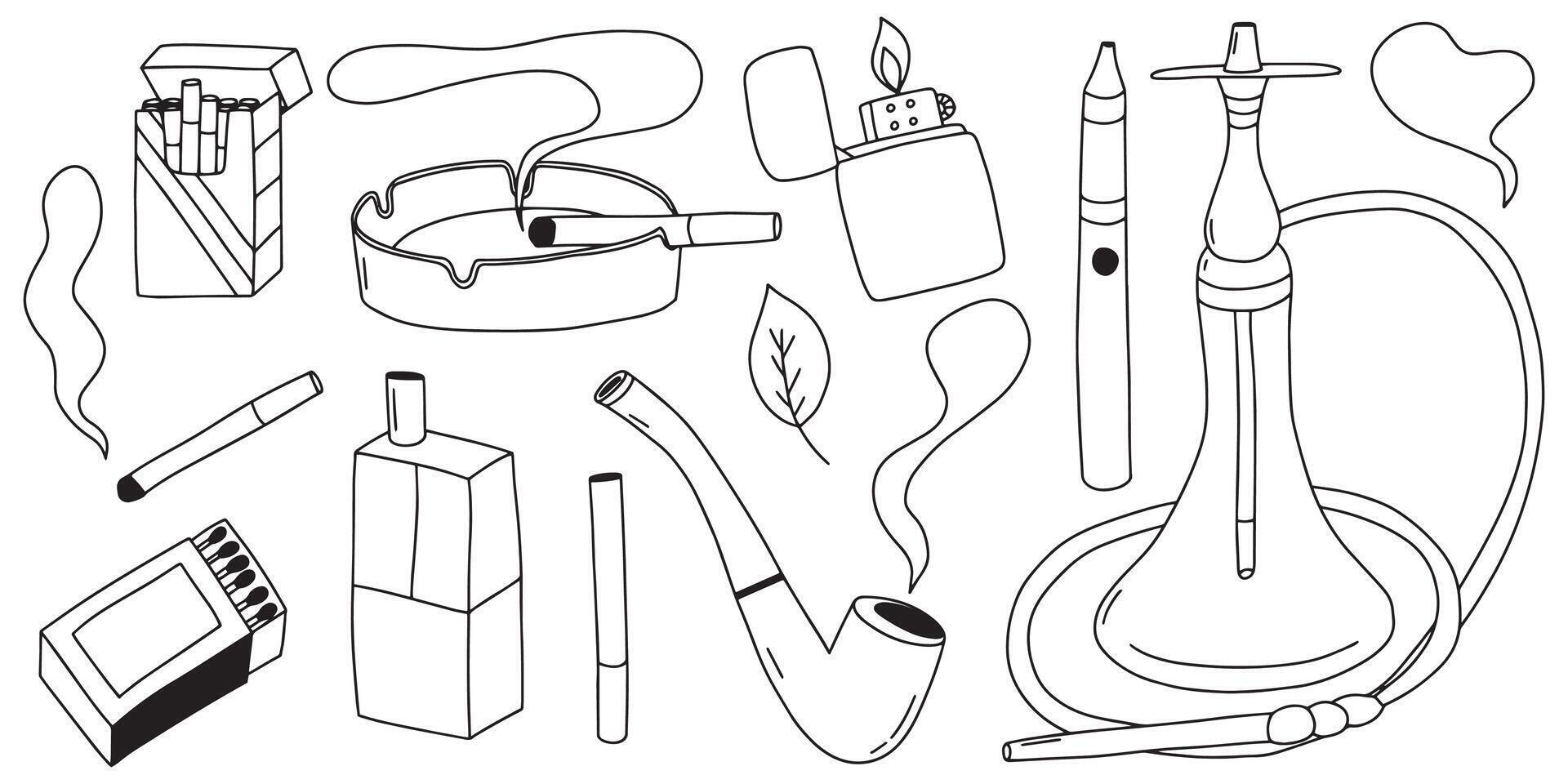 Smoking doodle set. set of smoking elements, cigarette in pack box and ashtray, cigar lighter, hookah, vape and matches vector