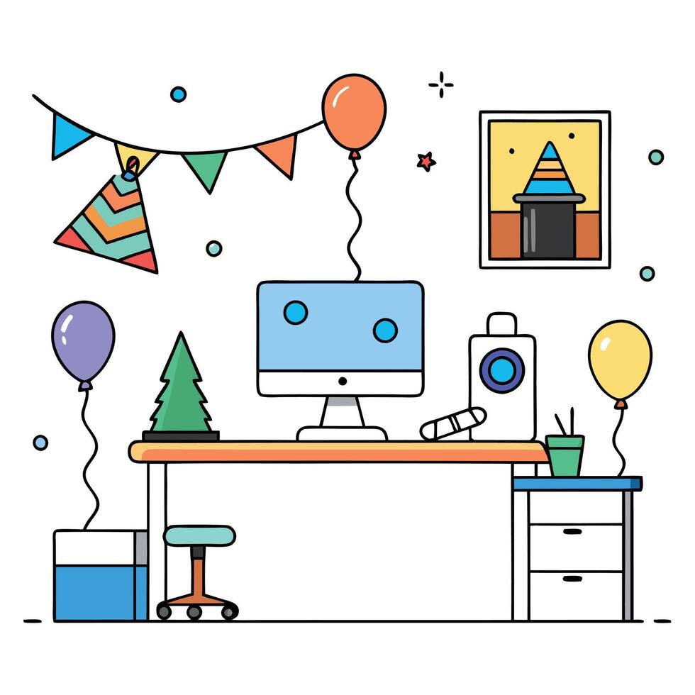 Image of decorated office room for new year celebration party created with technology vector
