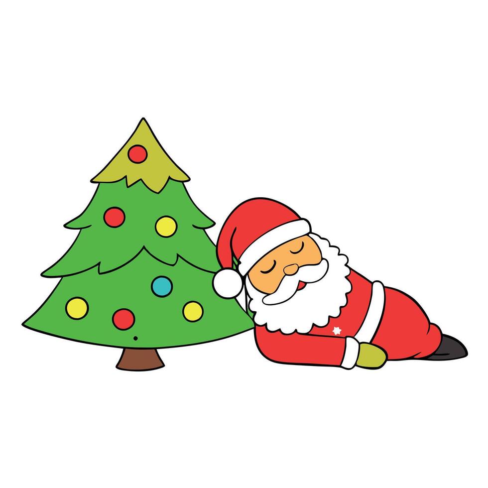Image side view of kind and serene Santa sleeping next to the Christmas tree after party vector
