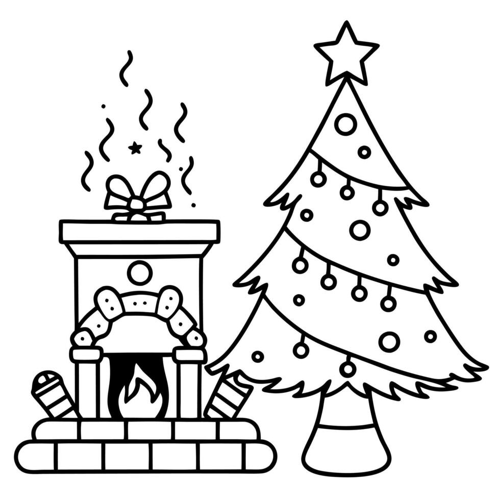 Christmas tree with fireplace and stockings for xmas promotion vector