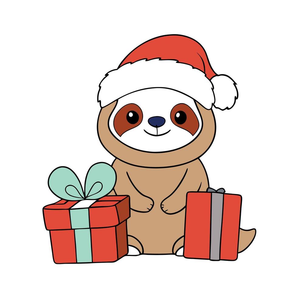Cute baby sloth with christmas gift boxes on white background vector