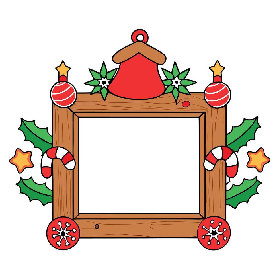 Christmas background with a wooden frame surrounded by christmas decorations in red and white vector
