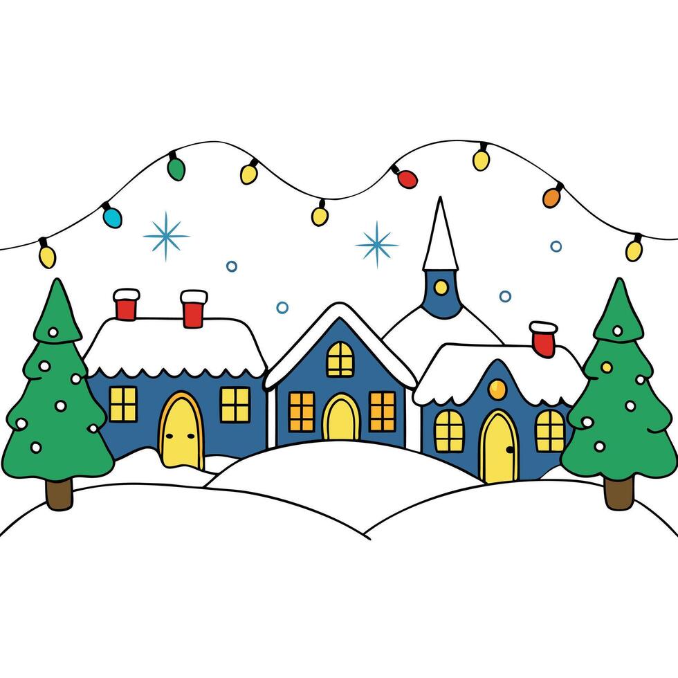 Enchanting Snow-covered Christmas Village with Festive Evening Lights vector