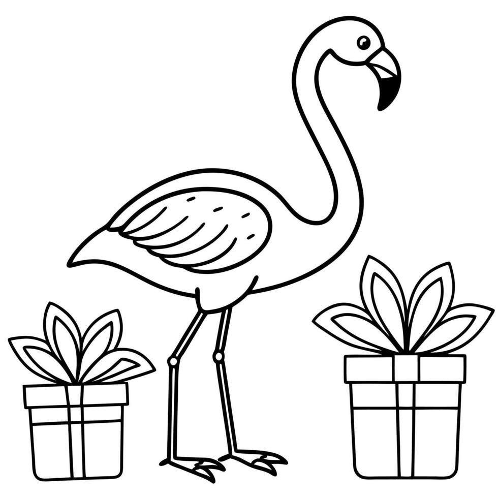 Elegant tropical flamingo with christmas gift boxes on white background vector