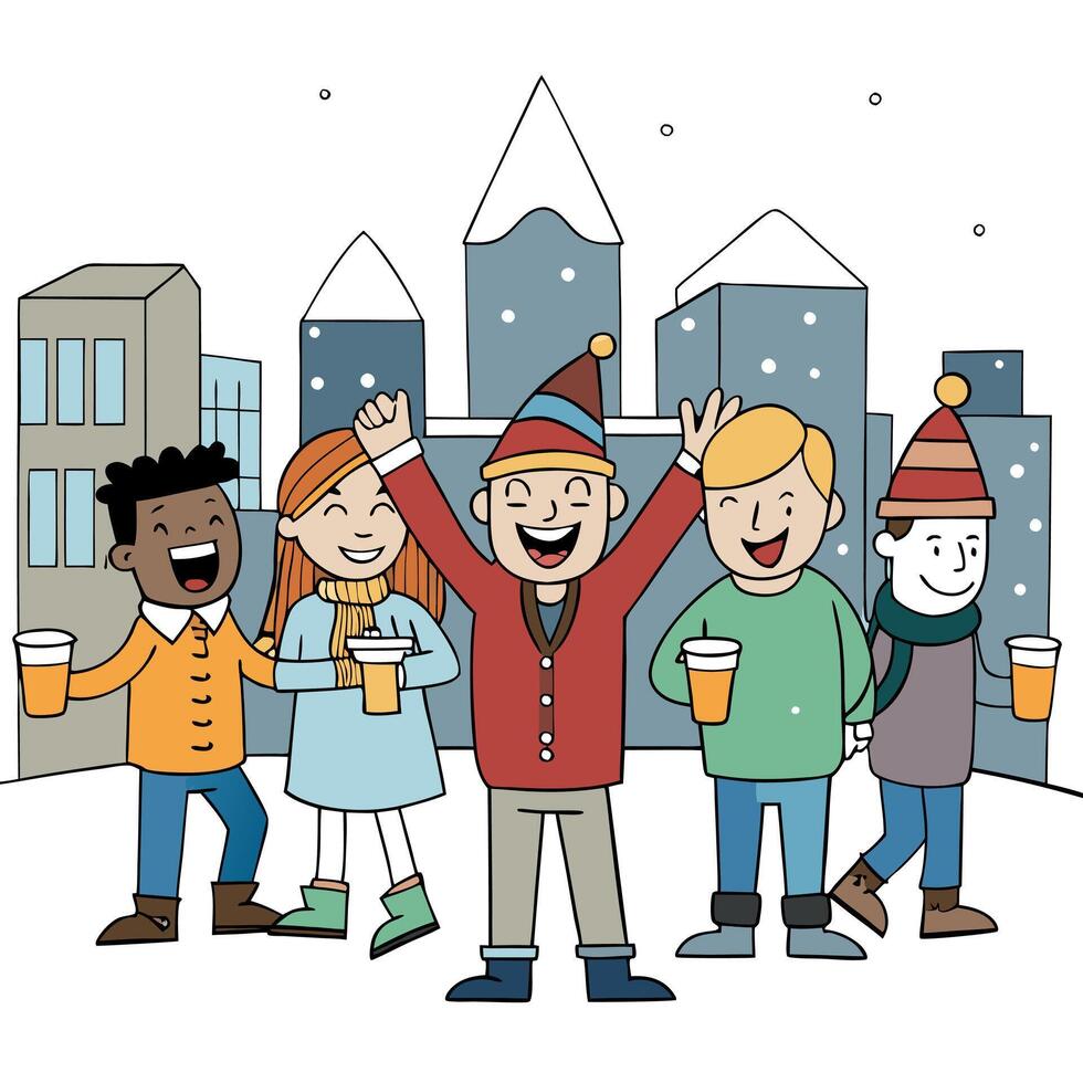 Image of trendy teenager friends outdoors celebrating Christmas party in the city vector