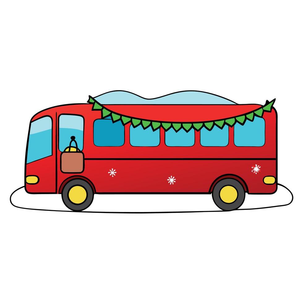 Red city bus in winter. christmas time in the snow. beautiful banner vector