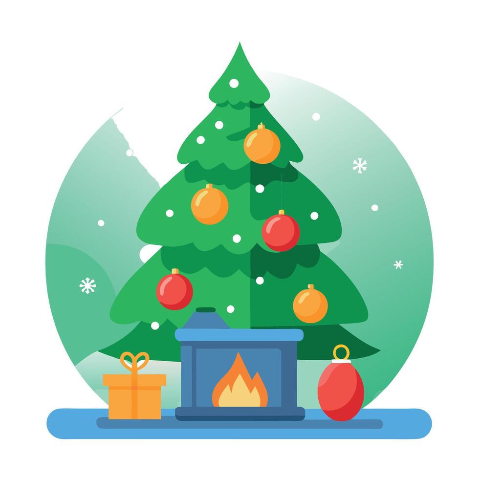 Beautiful green Christmas tree with decorative round balls in a room with a burning fireplace vector