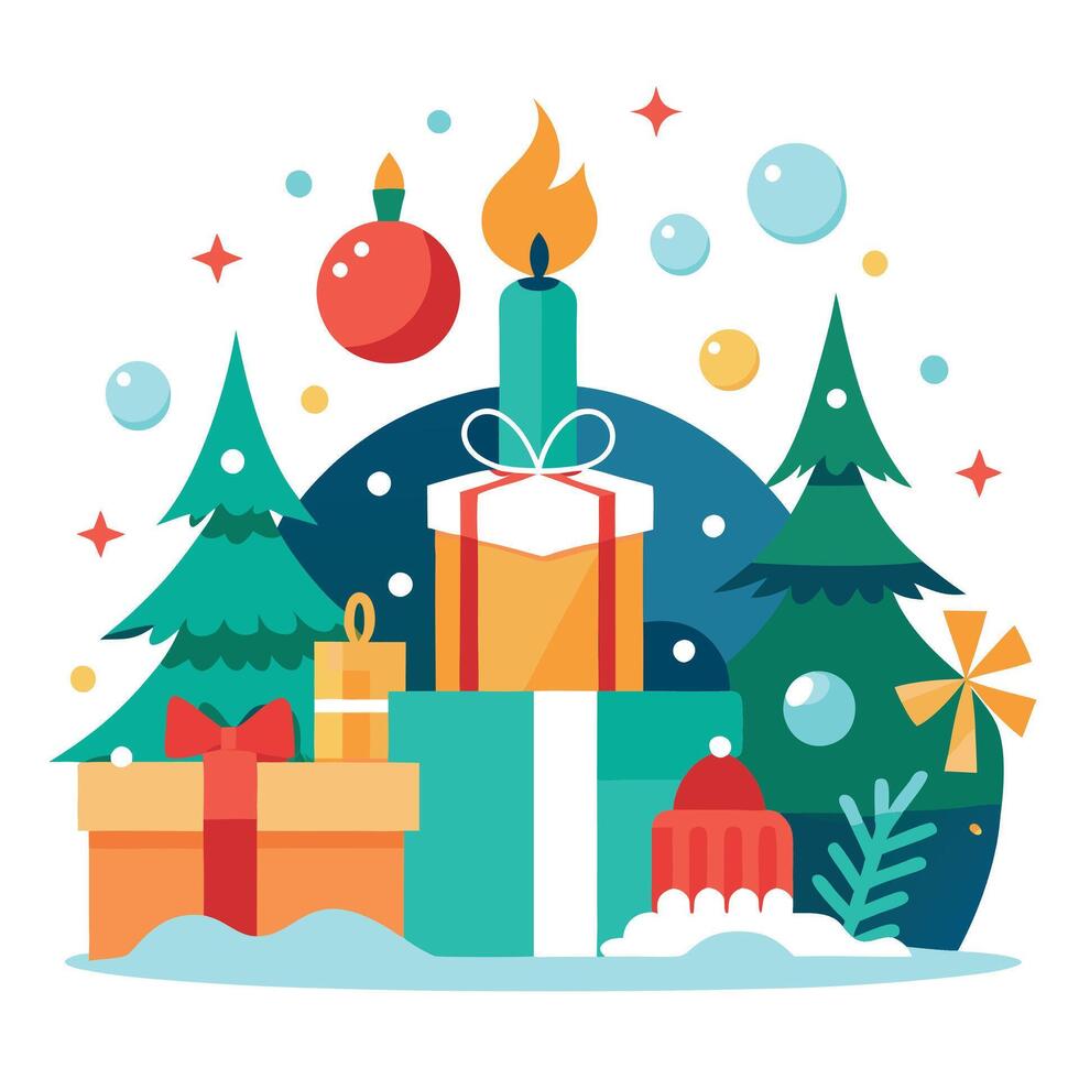 Christmas scene with a gift box and ribbon. candles. lights. baubles. balls and snow. vector