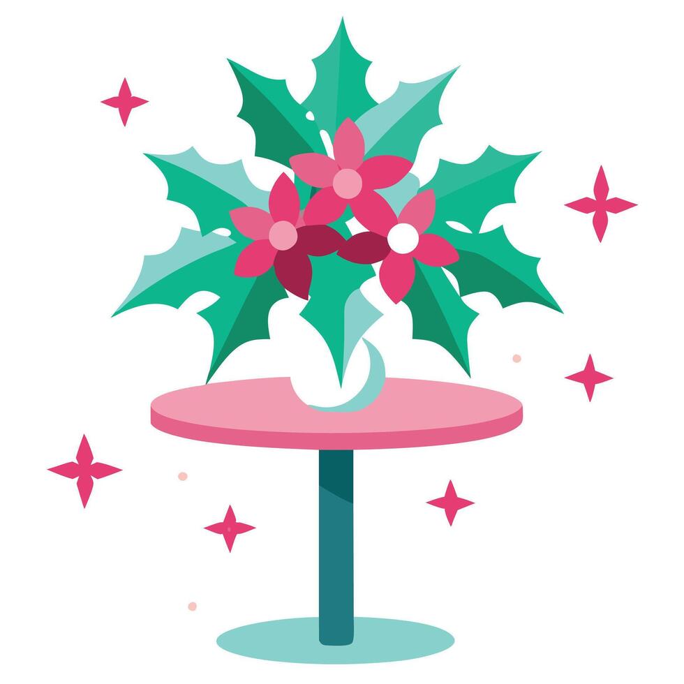 Christmas pink holly star flowers on the table in bokeh light vector