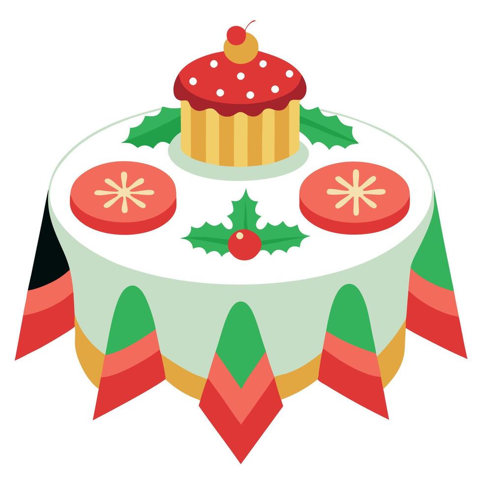 Christmas tablecloth with cupcake and holly leaves vector
