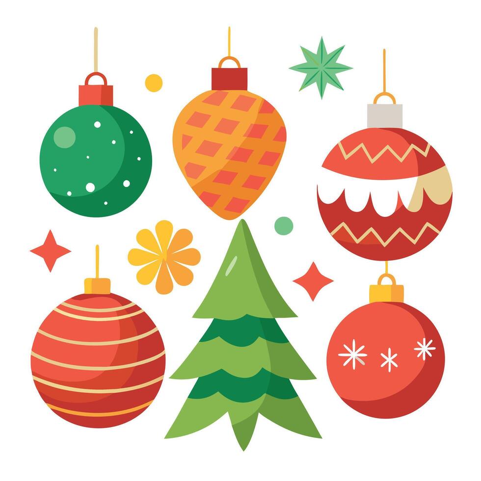 A collection of christmas tree ornaments isolated on a transparent background. vector