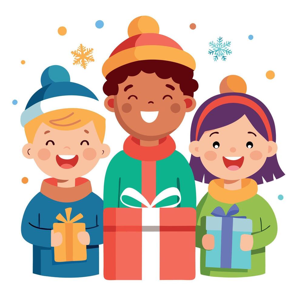 Three children holding presents and wearing winter clothes vector
