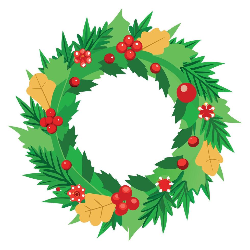 A festive christmas wreath made of green pine branches. red berries and pine cones hanging on a door vector