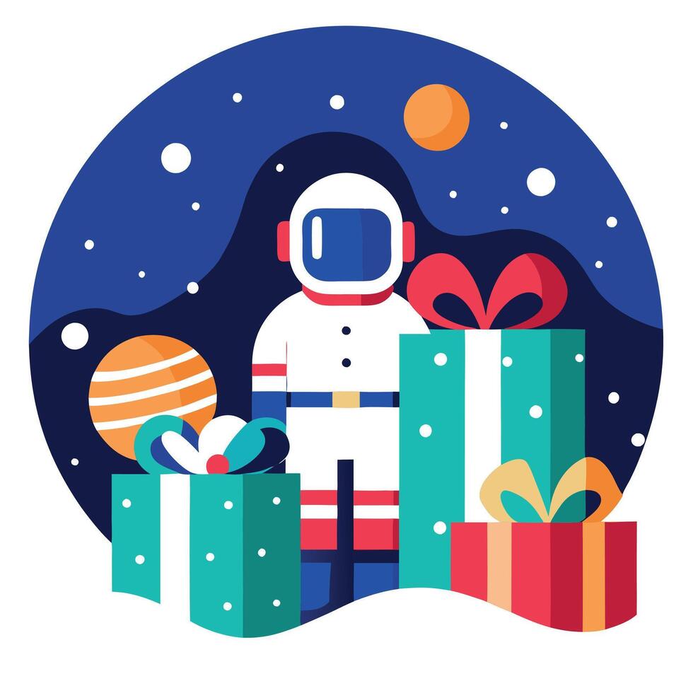 Christmas presents in the snow arranged by an astronaut. Merry xmas futuristic background. image vector