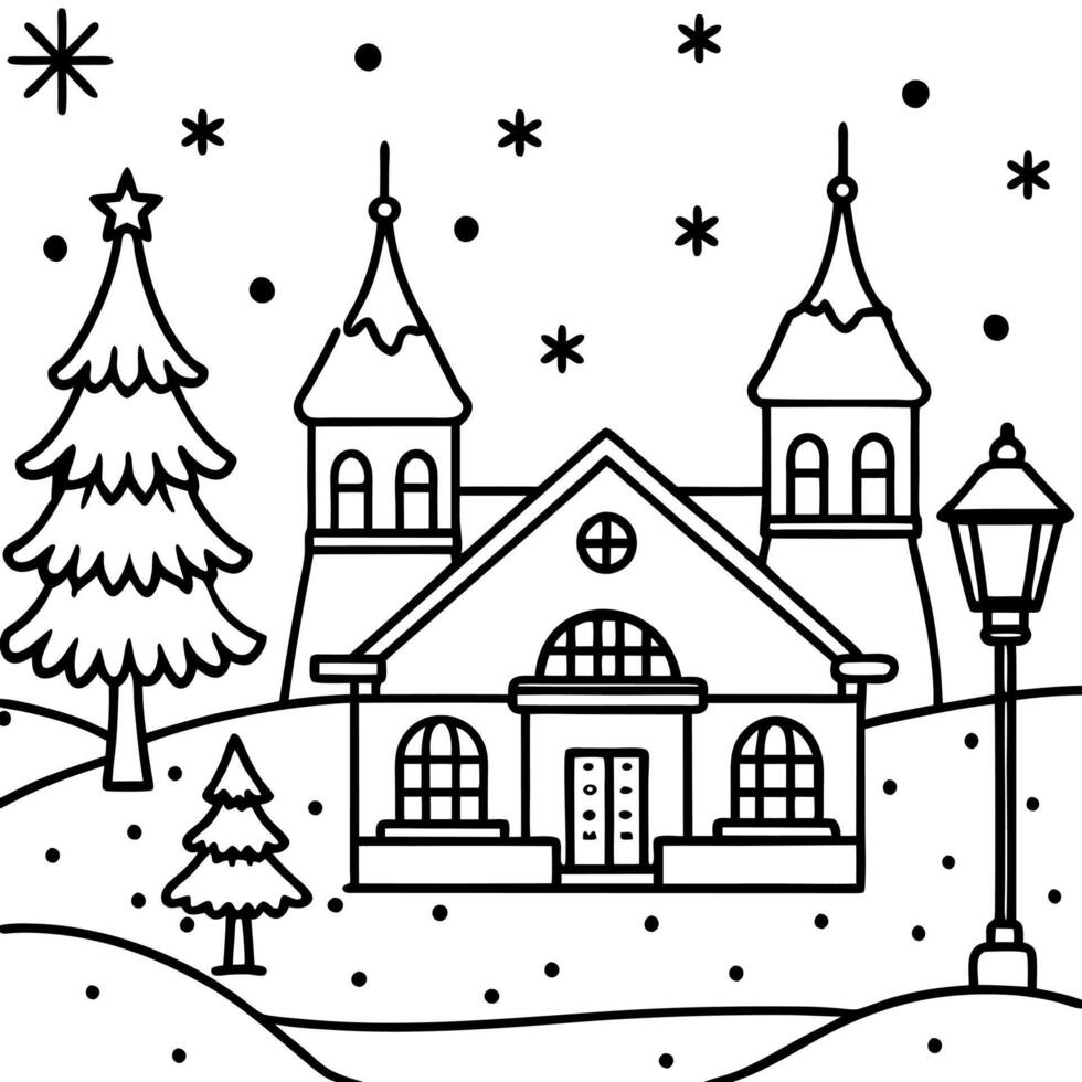 Christmas village night lighting the street when snowing. vector