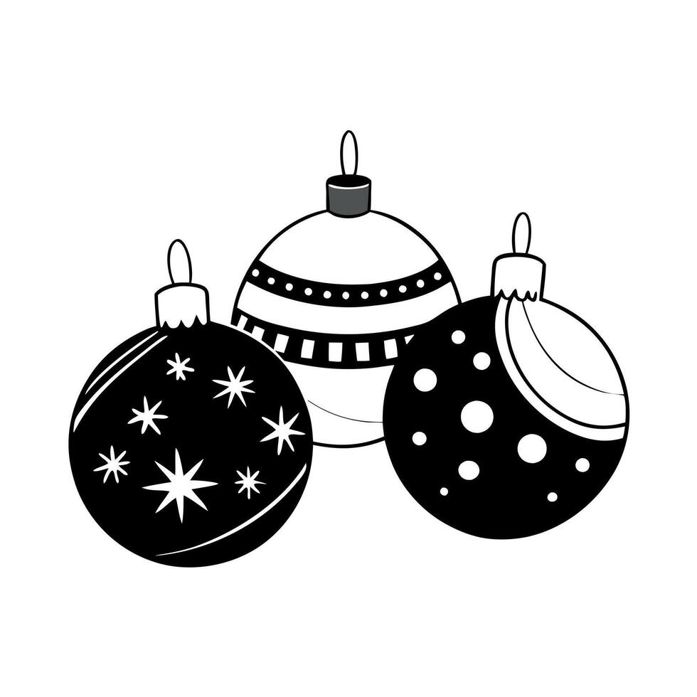 Three christmas balls are shown in black and white vector