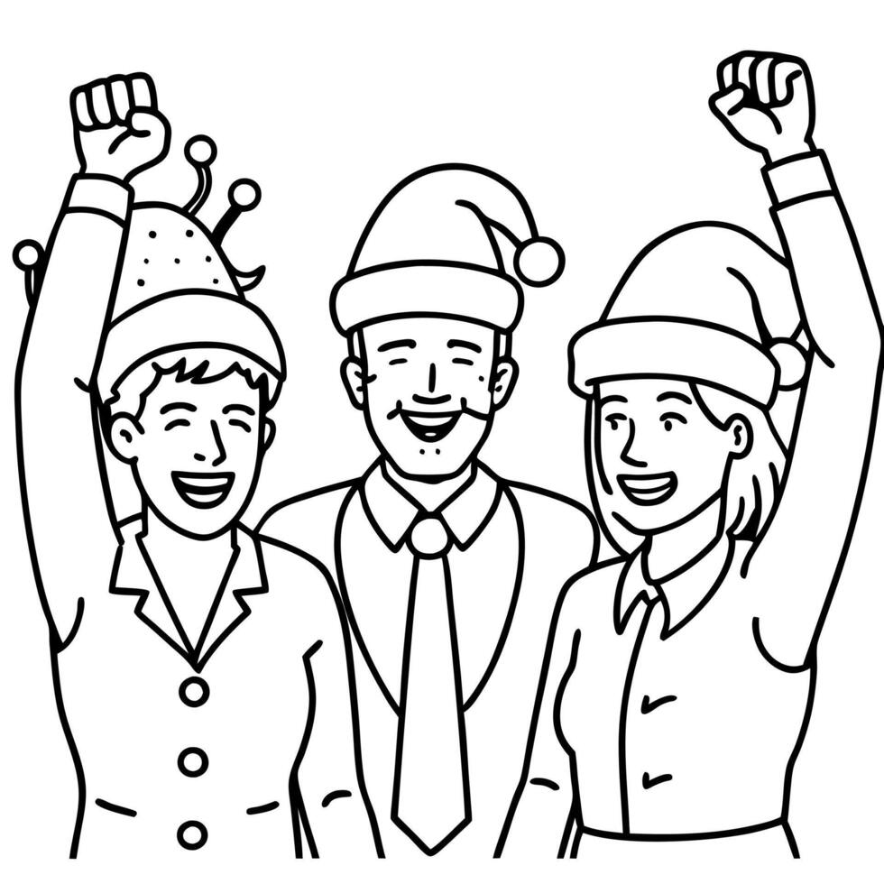 Three people in santa hats are holding up their hands vector
