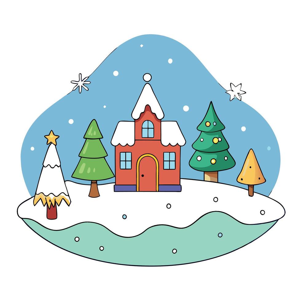 Christmas winter scenery with small village decorated for Christmas. magic fary tale illustration vector