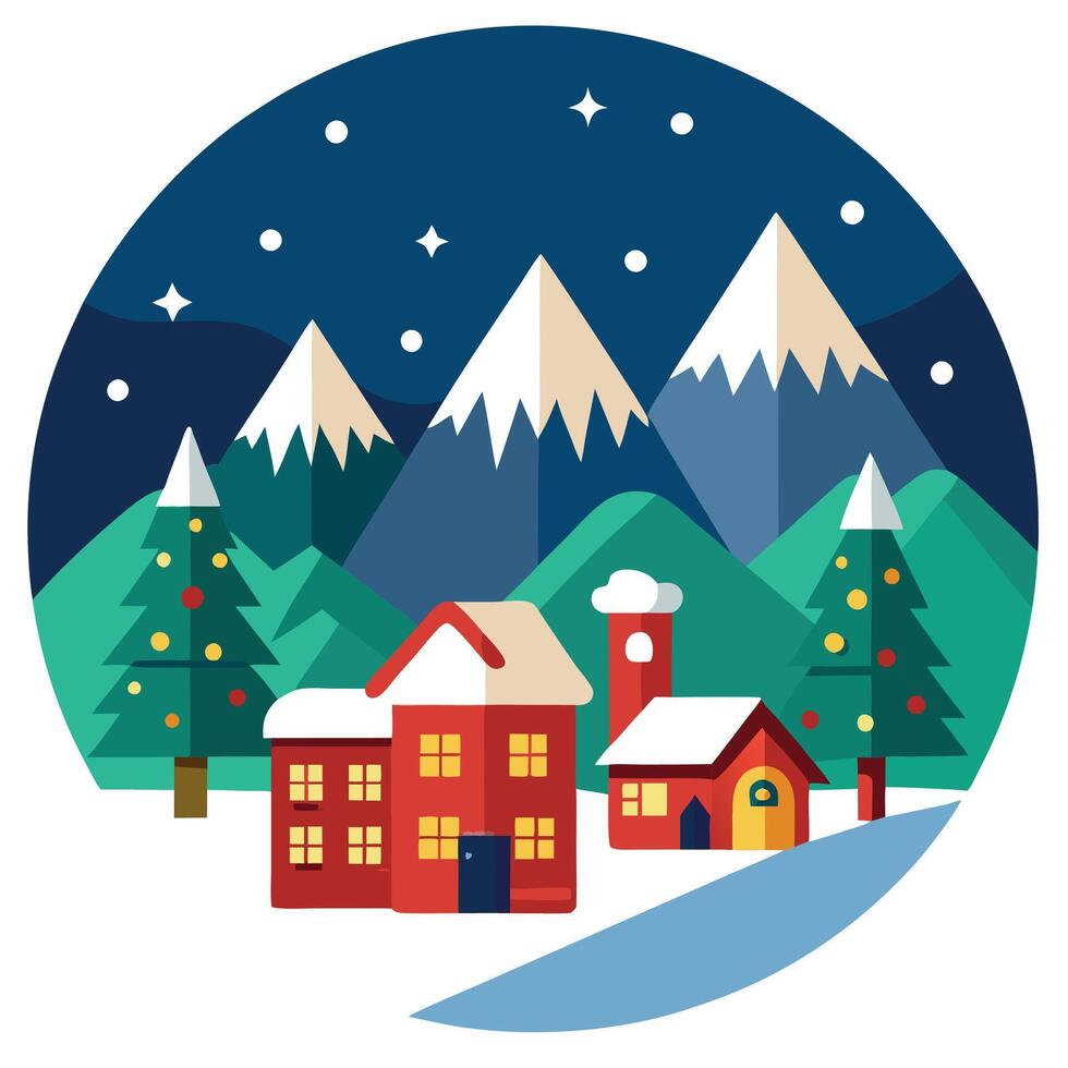 A flat design of a snowy mountain town with houses and trees vector