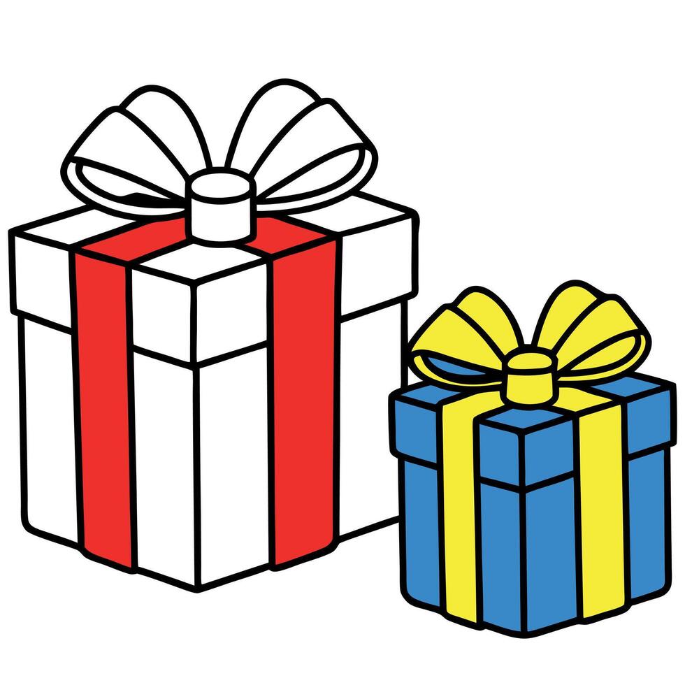 Set of watercolor holiday gifts in red. blue and yellow colors on transparent background vector