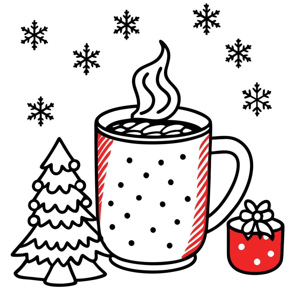Cup of hot cocoa. christmas tree lit up. snowflakes. red mug. decorations. blanket. vector