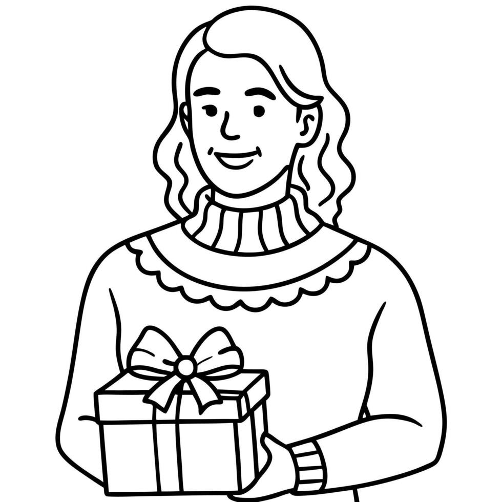 Smiling woman wearing a sweater holding a Christmas xmas present with a red ribbon vector