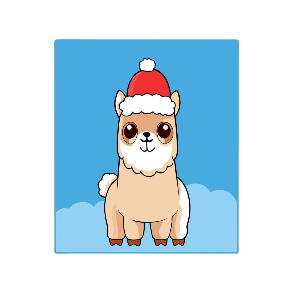 Cute Alpaca in Santa Claus hat on blue winter background with copy space. vector