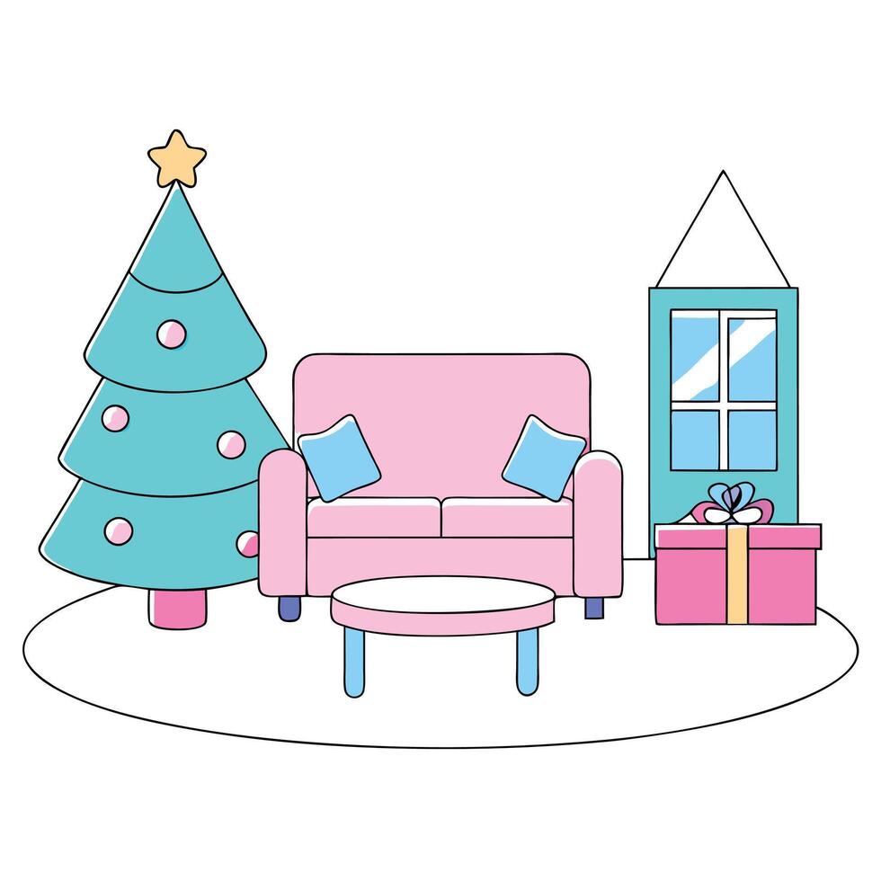 Cozy Pink and Light Blue Modern Christmas Living Room with Decorated Tree and Presents. illustration vector