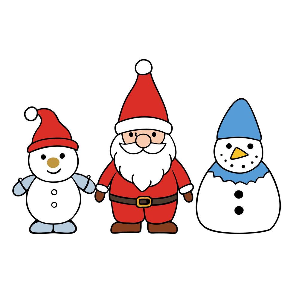 Set of watercolor cute characters isolated on white. Snowmen. scandinavian gnomes and Santa Claus. vector