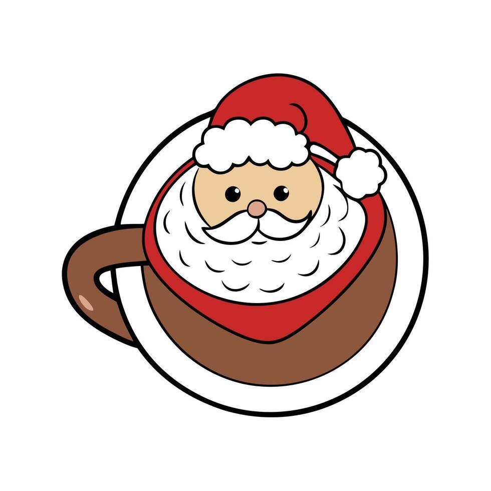 Cup of latte coffee with Santa Claus shape art on foam. top view. Christmas and New Year background. vector